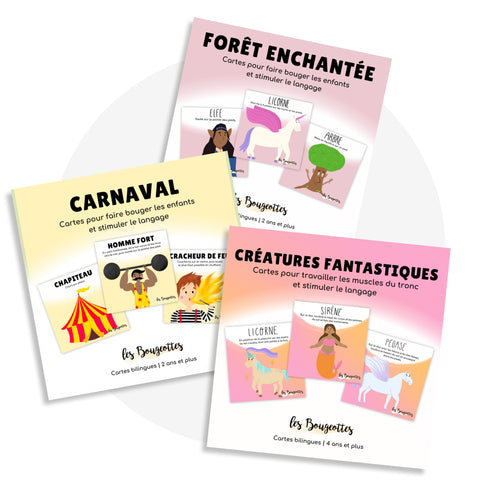 Ensemble fantaisie incluant les cartes d'apprentissage forêt enchantée, carnaval et créatures fantastiques pour pause active