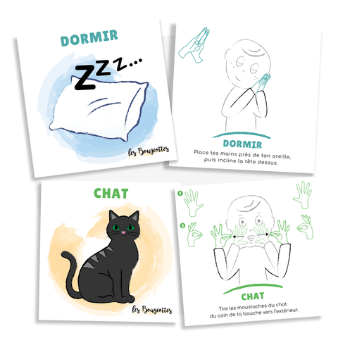 Ensemble de cartes langage des signes pour bébé de la LSQ (Langue des signes québécoise) : Carte dormir et chat en LSQ
