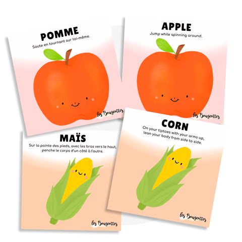 Ensemble de cartes Saines habitudes de vie avec les thèmes fruits, légumes et sports pour faire des pauses actives