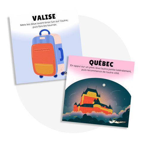 ensemble de cartes d’apprentissage pour bouger en voyage : thème valise du voyageur et voyage au Québec - Les Bougeottes