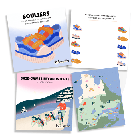 ensemble de cartes d’apprentissage pour bouger en voyage comprenant des jeux de table et un casse-tête du Québec - Les Bougeottes