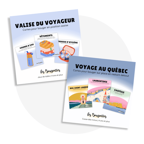 ensemble de cartes d’apprentissage pour bouger en voyage : thème valise du voyageur et voyage au Québec - Les Bougeottes
