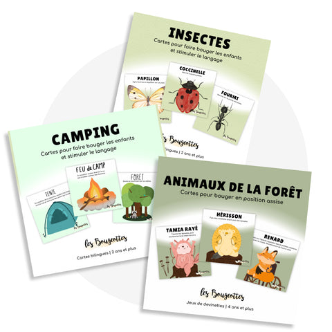 Cartes d'apprentissage actives thématique du camping, insectes et des animaux de la forêt pour faire des pauses actives.