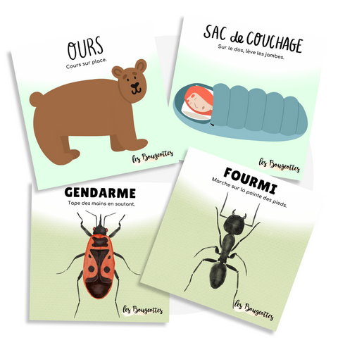 Cartes d'apprentissage actives sur les thèmes du camping et des insectes pour faire des pauses actives aux enfants de 2 ans et plus. 