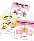 Ensemble fantaisie qui comprend les cartes d'apprentissage forêt enchantée, carnaval et créatures fantastiques