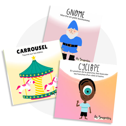 Ensemble fantaisie qui comprend les cartes d'apprentissage forêt enchantée (gnome), carnaval (carrousel) et créatures fantastiques (cyclope) pour faire des pauses actives