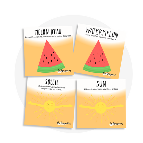 Cartes d'apprentissage bilingues thème été pour faire bouger les jeunes (melin d'eau, watermelon, soleil, sun)