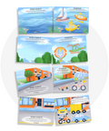 Fiches de jeu thématiques moyens de transport (mongolfière, camion, voiture) pour des pauses actives incluant un jeu d'association et de catégorisation.