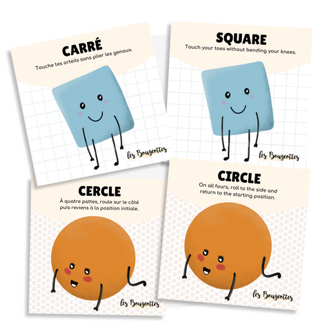 Cartes d'apprentissage bilingues thème formes pour faire bouger les jeunes (carré, square, cercle, circle)