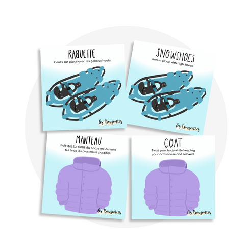 Cartes d'apprentissage bilingues thème hiver pour faire bouger les jeunes (raquette, snowshoes, manteau, coat)