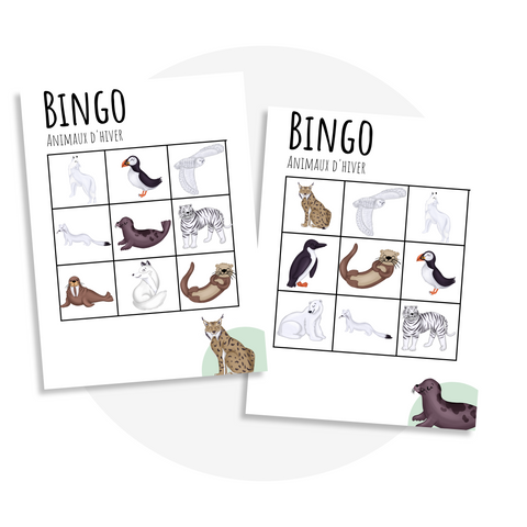 Jeu de bingo des animaux polaires à imprimer avec fiches et jetons (lynx, loup, tigre blanc)