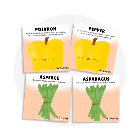 Cartes d'apprentissage bilingues thème légumes pour faire bouger les jeunes (poivron, pepper, asperge, asparagus)