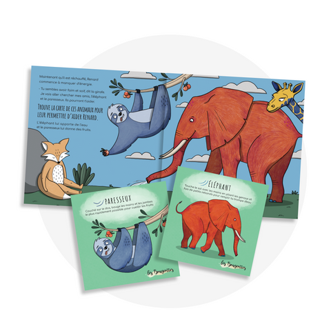 Livre interactif pour faire bouger les jeunes sur le travail d'équile avec le thème des animaux de la jungle, cartes d'appentissage incluses. 
