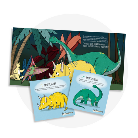 Livre interactif pour faire bouger les jeunes sur l'empathie avec le thème des dinosaures, cartes d'appentissage incluses. 