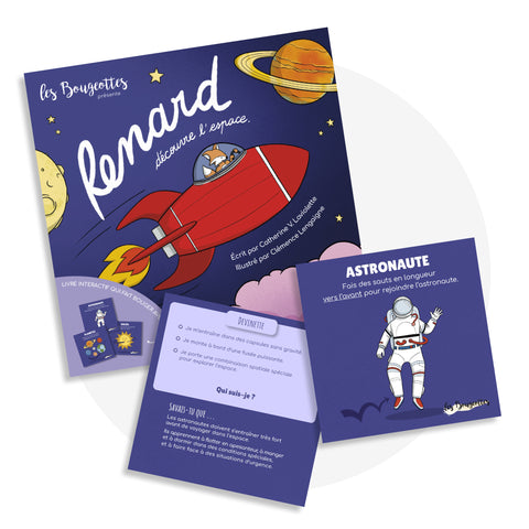 Livre interactif qui fait bouger les enfants durant la lecture grâce à des cartes de mouvement sur le thème de l'estime de soi via une aventure dans l'espace