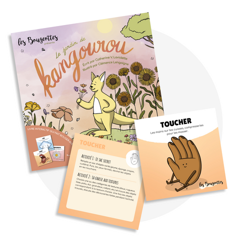 Livre interactif qui fait bouger les enfants durant la lecture grâce à des cartes de mouvement sur le thème de la pleine conscience et du moment présent à travers le jardinage.
