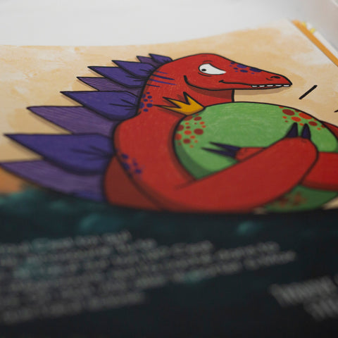 Aperçu d’une page du livre interactif dinosaures, plan sur le stégosaure tenant un œuf.