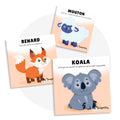 Cartes d'apprentissage des animaux méli mélo 3 avec des illustrations d'animaux (mouton, renard et koala) accompagnés de mouvements de motricité globale