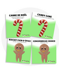 Cartes d'apprentissage bilingues thème noël sur la route pour faire bouger les jeunes (canne de Noël, candy cane, biscuit pain d'épice, gingerbread cookie)