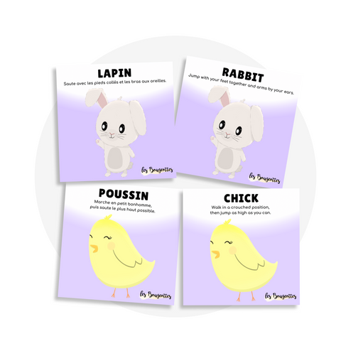 Cartes d'apprentissage bilingues thème pâques pour faire bouger les jeunes (lapin, rabbit, poussin, chick)