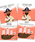 Cartes d'apprentissage bilingues thème pirate pour faire bouger les jeunes (capitaine crochet, captain hook, bateau, boat)