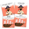 Cartes d'apprentissage bilingues thème pirate pour faire bouger les jeunes (capitaine crochet, captain hook, bateau, boat)