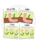 Cartes d'apprentissage bilingues thème printemps pour faire bouger les jeunes (ver de terre, worm, fleurs, flowers)