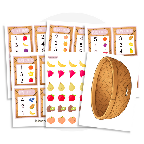 Activité à imprimer pour enfant 3 ans et plus : atelier d'éveil aux mathématiques pour reconnaître les nombres de 1 à 5 en créant des salades de fruits à l’aide des fiches recettes.