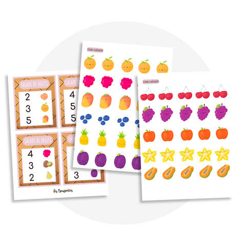 Activité à imprimer pour enfant 3 ans et plus : atelier d'éveil aux mathématiques pour reconnaître les nombres de 1 à 5 en créant des salades de fruits à l’aide des fiches recettes.