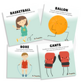 Cartes d'apprentissage des sports (Basketball, boxe)  avec un jeu d'association de leur matériel (ballon, gants) pour faire des pauses actives aux enfants de 4 ans et plus