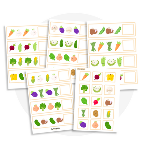 Activité à imprimer pour enfant 4 ans et plus : suites logiques pour développer la logique, l’observation et le raisonnement séquentiel  sur le thème des légumes (aubergine, poivrons, champignon)