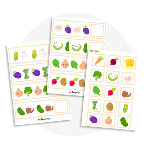 Activité à imprimer pour enfant 4 ans et plus : suites logiques pour développer la logique, l’observation et le raisonnement séquentiel  sur le thème des légumes (brocoli, patate, radis)