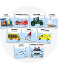 Collection de cartes d'apprentissage thème véhicules de métier avec des mouvements pour travailler la coordination (tracteur, train, fusée)