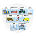 Collection de cartes d'apprentissage thème véhicules de métier avec des mouvements pour travailler la coordination (tracteur, train, fusée)